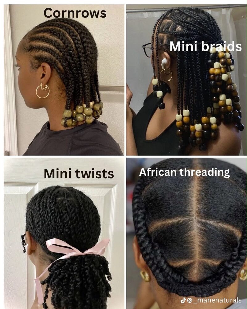 Cornrows, mini braids, mini twists and African threading